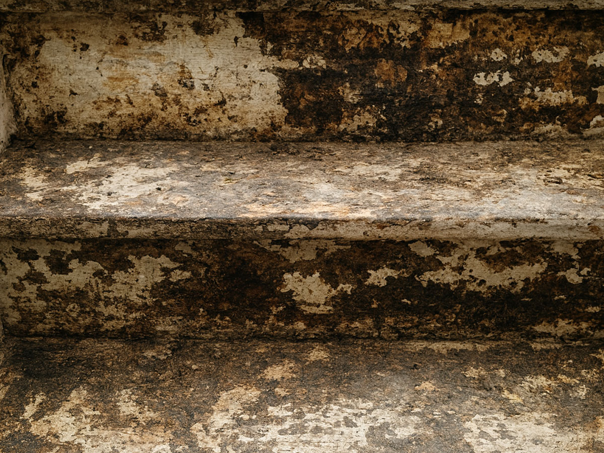 traptreden vol lijmresten